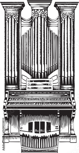 pipe organ dominates a dark interior space.