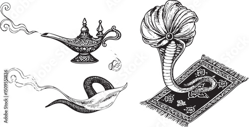 stylized black and white depicts a lamp emitting smoke alongside a snake coiled around a decorative cushion atop a richly patterned rug.