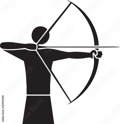 silhouetted archer draws a bowstring for target practice.