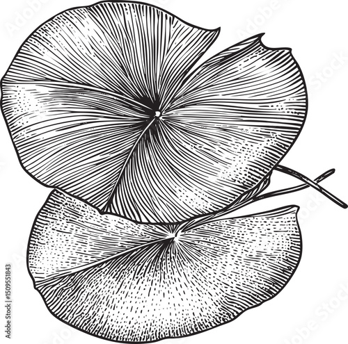 Two dark leaves overlap gracefully on a stem.