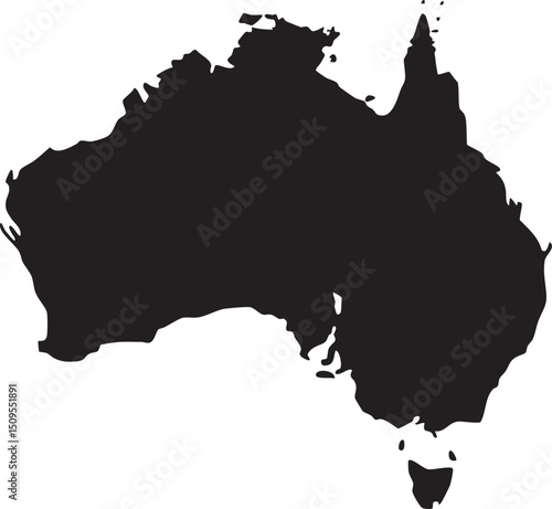 stark silhouette of the continent of Australia is presented against a white background.