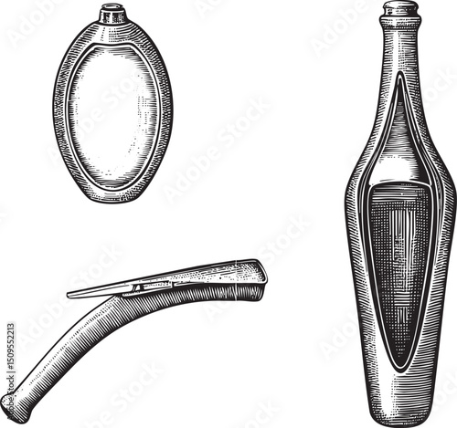 Two antique glass bottles and a shaving device are depicted in black and white.