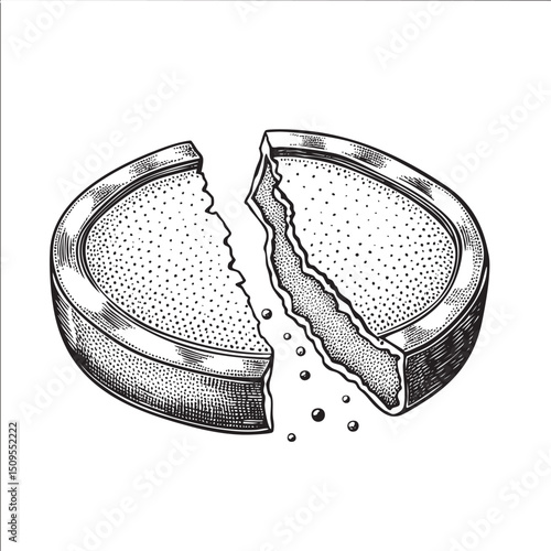 circular wheel of cheese is partially broken apart revealing its interior.