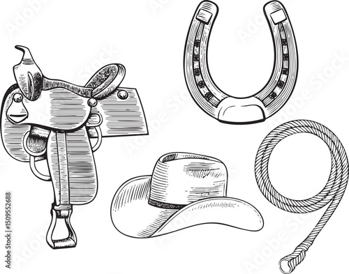 black and white depicts a saddle horseshoe hat and rope.