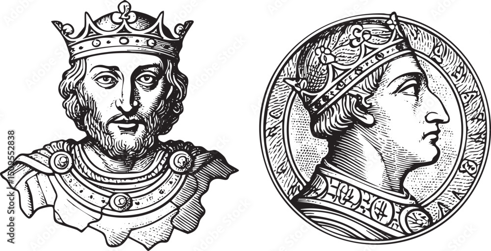 Obraz premium Two regal portraits of medieval monarchs are presented in a detailed black and white .