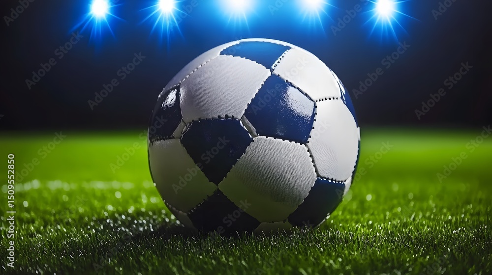 Naklejka premium Soccer Ball on Grass Night Game Stadium Lights