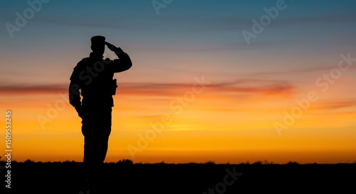 Soldier silhouette saluting against colorful sunset sky