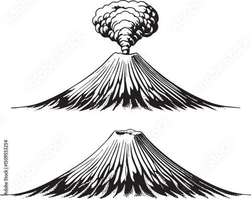 stylized volcano erupts with a plume of smoke.