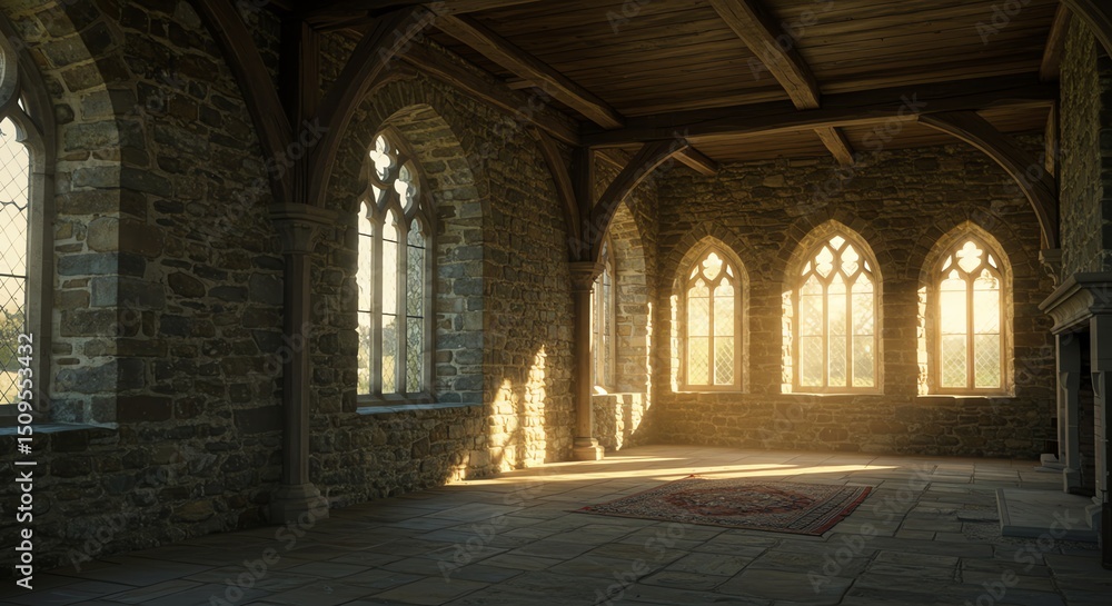 Stone hall interior with gothic windows Stone hall interior with gothic windows
