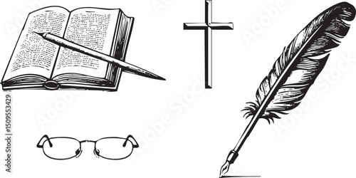 open book with a quill pen rests beside a cross and spectacles.