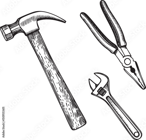 black and white displays a hammer and a wrench.