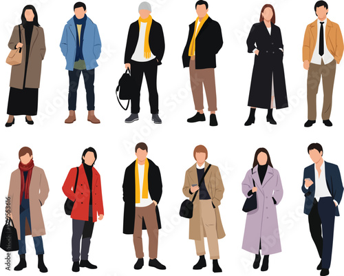 Diverse collection of modern minimalist fashionable people wearing winter coats and scarves