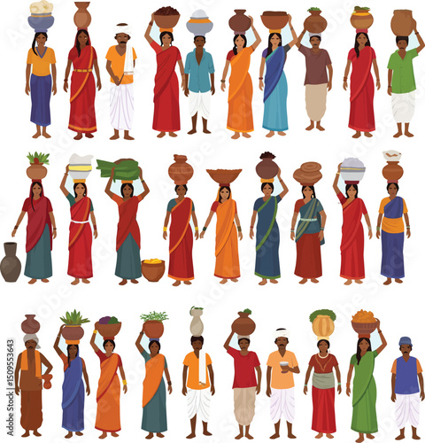 Diverse indian people carrying items on their heads wearing traditional clothing flat illustration