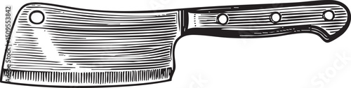 detailed of a cleaver rests on a dark surface.