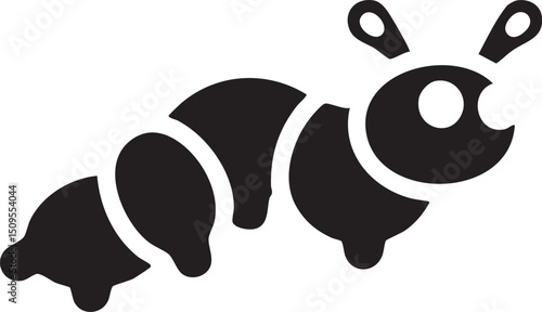 stylized black caterpillar crawls along a white background.