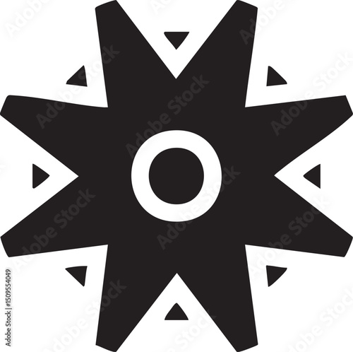 symmetrical star emblem features a central circle surrounded by eight pointed shapes.