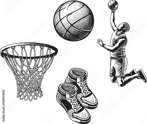 dynamic basketball player leaps towards a floating ball above a hoop.