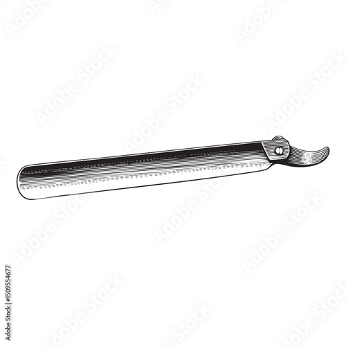 vintage straight razor rests on a white background.