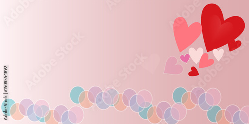 Happy Saint Valentine's day background, horizontal banner with hearts and holiday objects on pink background. Place for text