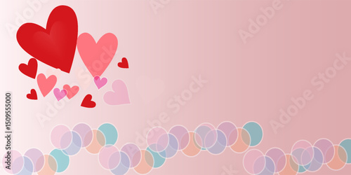 Happy Saint Valentine's day background, horizontal banner with hearts and holiday objects on pink background. Place for text