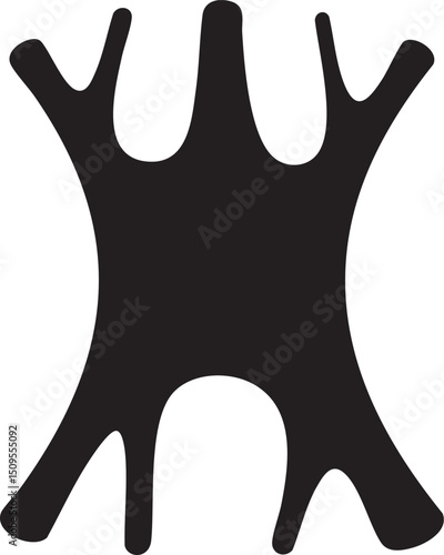 stylized dark abstract shape dominates a white background.