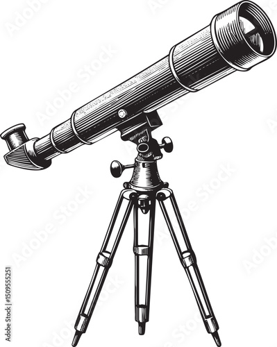 vintage telescope stands on a sturdy tripod ready for observation.