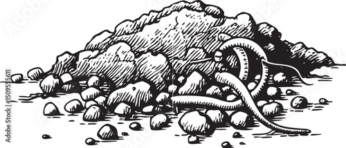 large dark rock formation rises from a sandy shoreline.