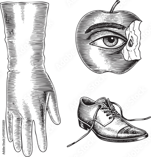 intricate engraving depicts a gloved hand an with an eye and a leather shoe.