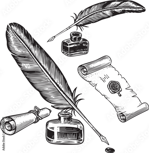 black quill pen rests upon a rolled parchment scroll.