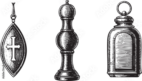 Three antique objects—a medallion a chess piece and a flask—are arranged in a linear composition.