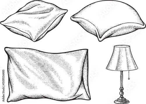 Three decorative pillows and a table lamp are displayed.