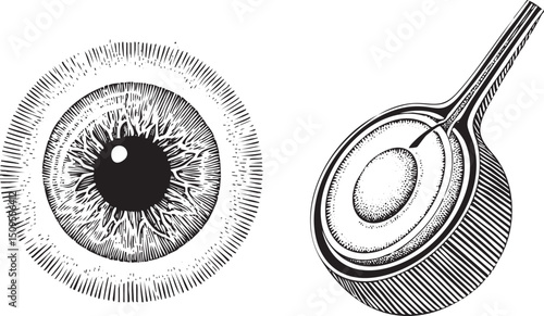 Two detailed illustrations showcase a human eye and its internal structure.