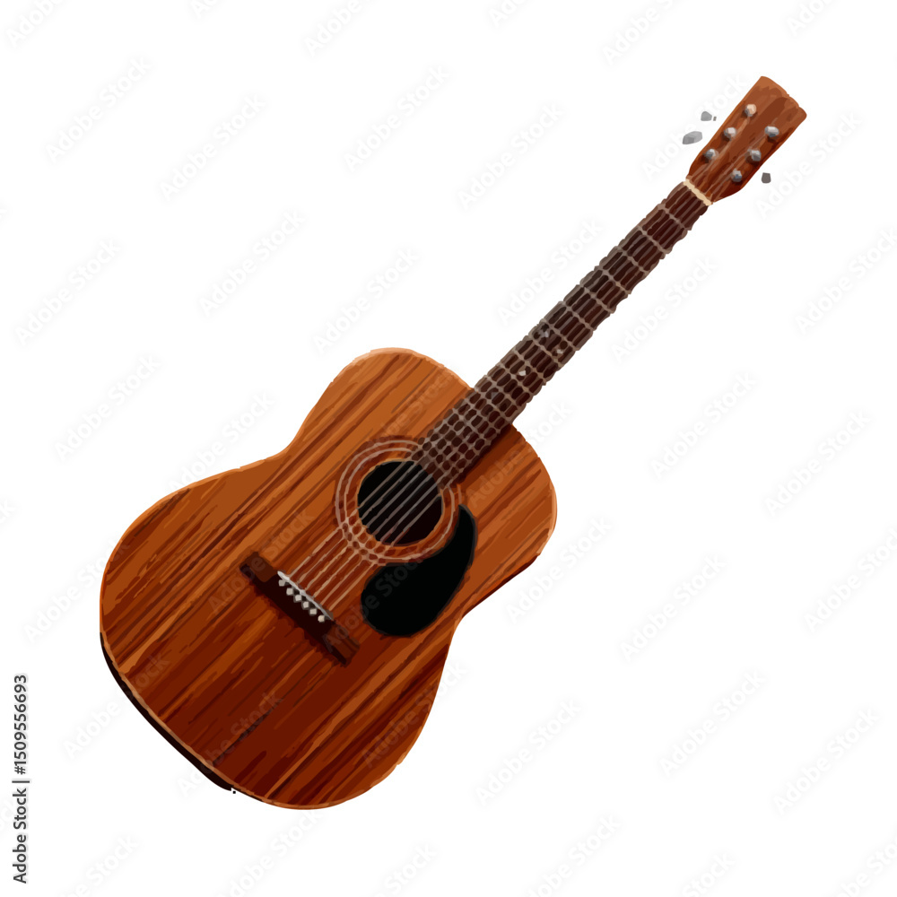 Fototapeta premium Acoustic guitar with a wooden finish and black pickguard displayed on a white background in a studio shot on transparent background