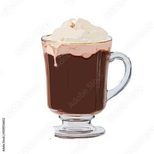 Illustration of a glass mug filled with dark liquid topped with whipped cream on a white background on transparent background