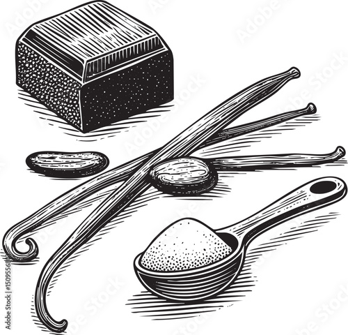 Dark brown vanilla beans rest on a scoop of powdered sugar beside a block of chocolate.