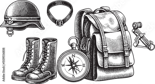 detailed black and white showcases a military helmet boots backpack compass and belt.