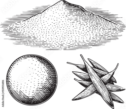 detailed textured depicts a conical sand dune a smooth sphere and a bundle of slender reeds.