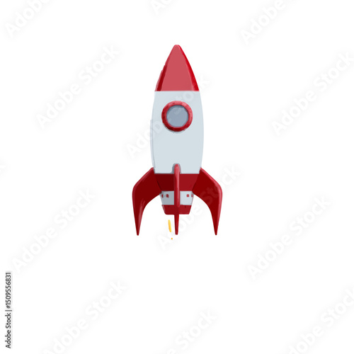 A cartoon rocket ship with a red nose and fins is launching upwards on a white background in the image scene on transparent background