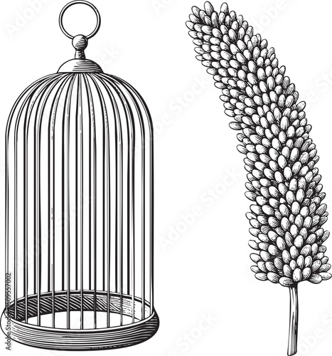 vintage birdcage stands beside a delicate stalk of grain.