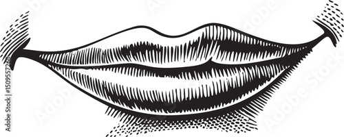 Black and white depicts a pair of curved lips in a subtle smile.