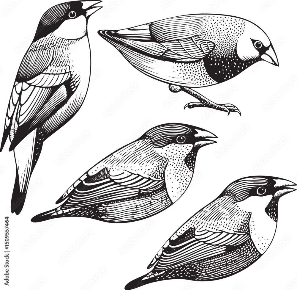 Obraz premium Four stylized birds are depicted in a detailed black and white .