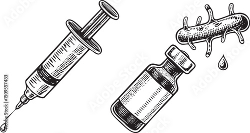 syringe dispenses a vial containing a microorganism.