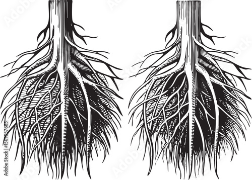 Two tree roots emerge from the earth displaying intricate .