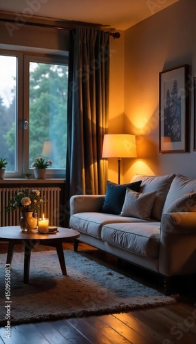 Soft, warm ambient lighting illuminates a cozy living room, creating a peaceful and relaxing atmosphere Perfect for representing tranquility, comfort, and home , texture, hygge, candles