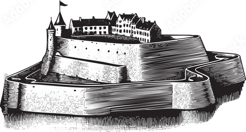 stark black and white depicts a medieval perched atop a rugged earthen mound.