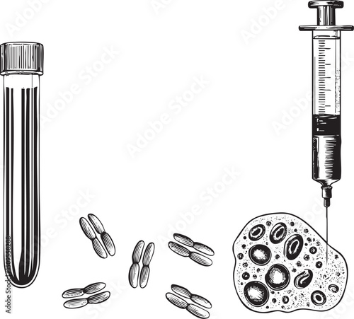 syringe draws blood into a test tube alongside red blood cells.