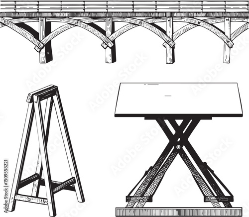 wooden ladder stands beside a detailed table with arched supports.