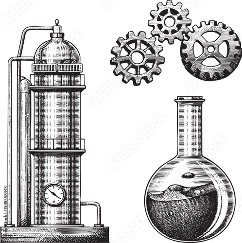 tall intricate distillation column stands beside a glass flask filled with dark liquid.