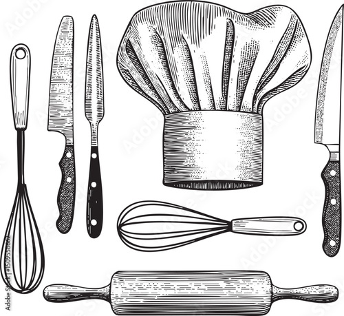 collection of culinary tools rests on a white surface.