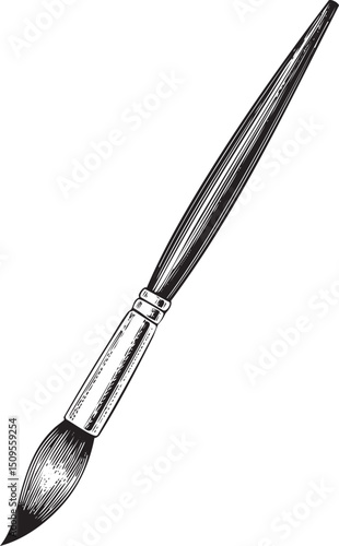 long slender paintbrush stands upright on a white background.